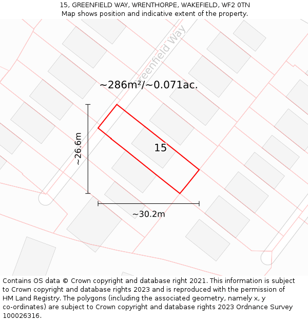 15, GREENFIELD WAY, WRENTHORPE, WAKEFIELD, WF2 0TN: Plot and title map