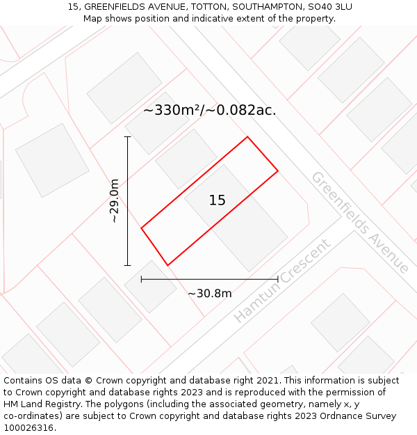 15, GREENFIELDS AVENUE, TOTTON, SOUTHAMPTON, SO40 3LU: Plot and title map