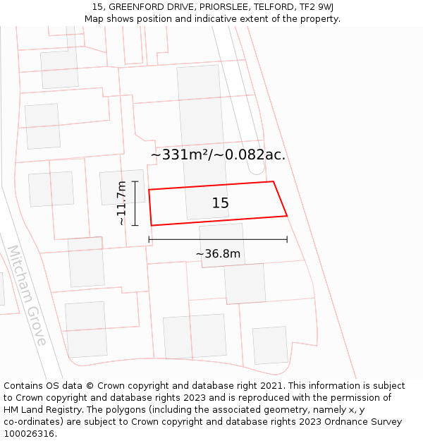 15, GREENFORD DRIVE, PRIORSLEE, TELFORD, TF2 9WJ: Plot and title map