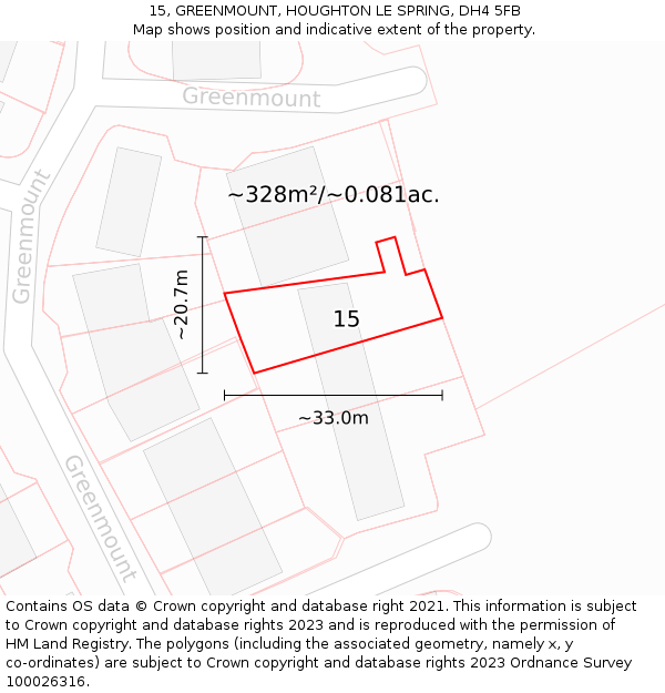 15, GREENMOUNT, HOUGHTON LE SPRING, DH4 5FB: Plot and title map