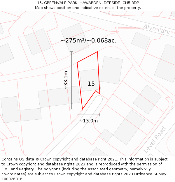 15, GREENVALE PARK, HAWARDEN, DEESIDE, CH5 3DP: Plot and title map