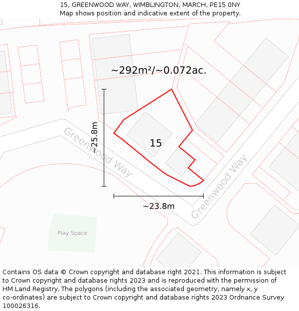 15, GREENWOOD WAY, WIMBLINGTON, MARCH, PE15 0NY: Plot and title map