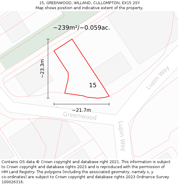 15, GREENWOOD, WILLAND, CULLOMPTON, EX15 2SY: Plot and title map