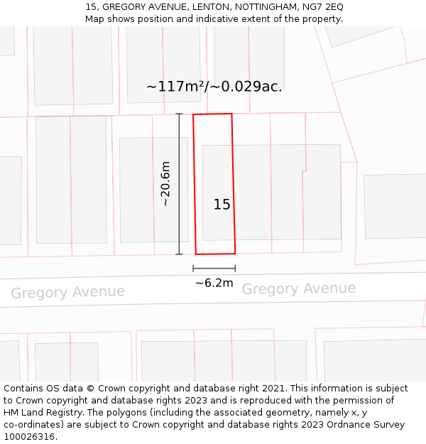 15, GREGORY AVENUE, LENTON, NOTTINGHAM, NG7 2EQ: Plot and title map