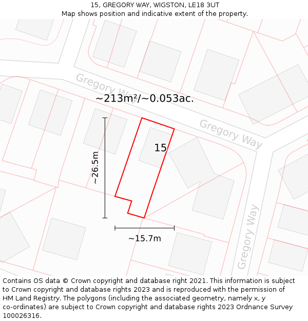 15, GREGORY WAY, WIGSTON, LE18 3UT: Plot and title map