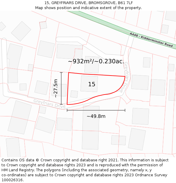 15, GREYFRIARS DRIVE, BROMSGROVE, B61 7LF: Plot and title map