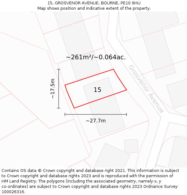 15, GROSVENOR AVENUE, BOURNE, PE10 9HU: Plot and title map