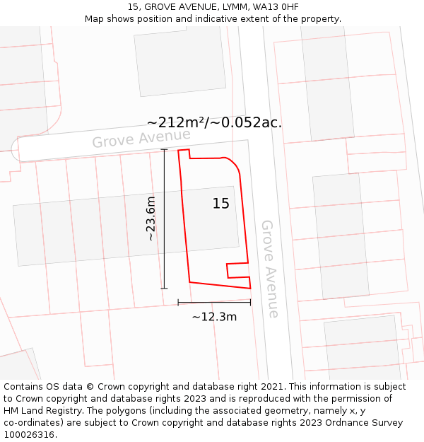 15, GROVE AVENUE, LYMM, WA13 0HF: Plot and title map