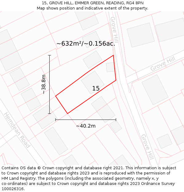 15, GROVE HILL, EMMER GREEN, READING, RG4 8PN: Plot and title map