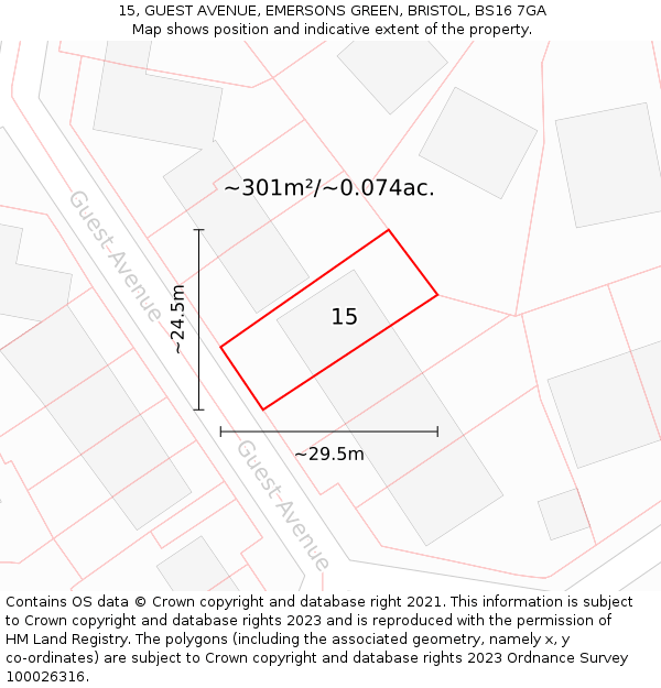 15, GUEST AVENUE, EMERSONS GREEN, BRISTOL, BS16 7GA: Plot and title map