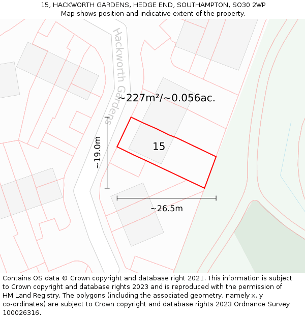 15, HACKWORTH GARDENS, HEDGE END, SOUTHAMPTON, SO30 2WP: Plot and title map