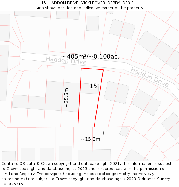 15, HADDON DRIVE, MICKLEOVER, DERBY, DE3 9HL: Plot and title map