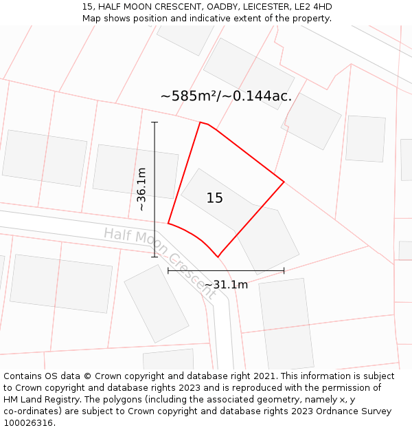 15, HALF MOON CRESCENT, OADBY, LEICESTER, LE2 4HD: Plot and title map