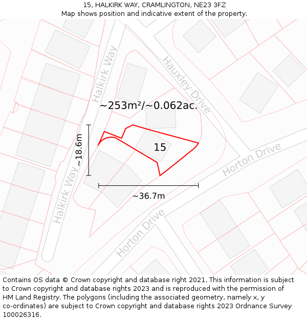 15, HALKIRK WAY, CRAMLINGTON, NE23 3FZ: Plot and title map