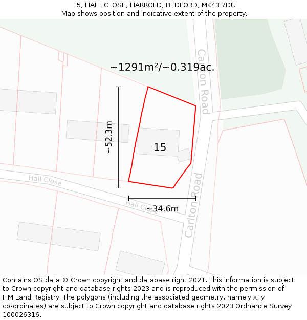 15, HALL CLOSE, HARROLD, BEDFORD, MK43 7DU: Plot and title map