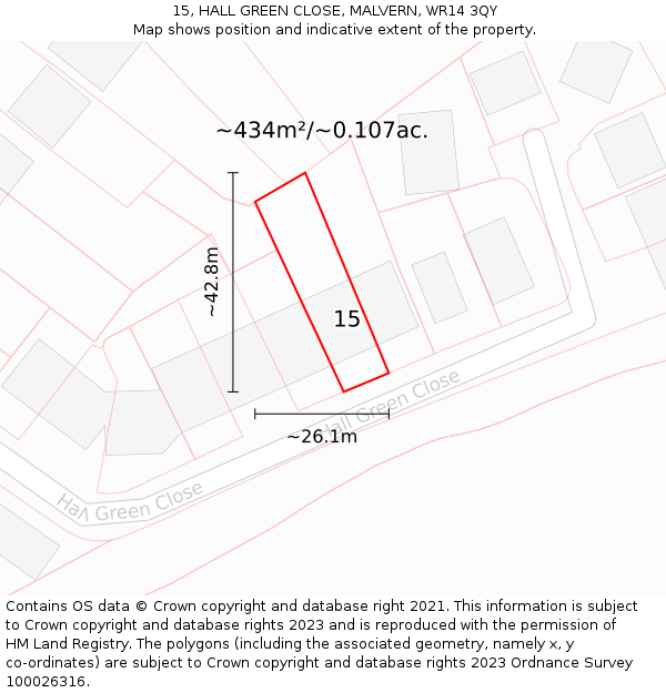 15, HALL GREEN CLOSE, MALVERN, WR14 3QY: Plot and title map