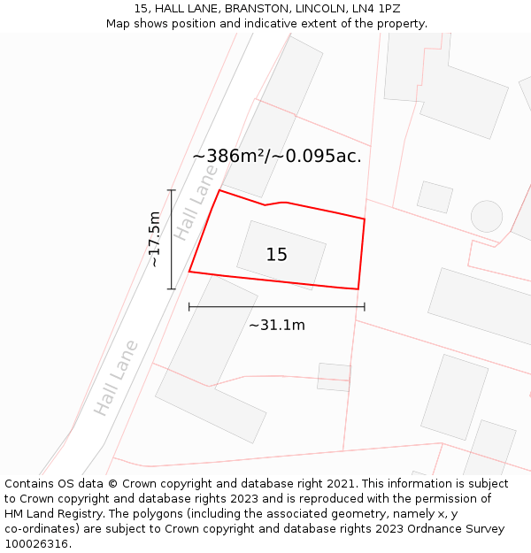 15, HALL LANE, BRANSTON, LINCOLN, LN4 1PZ: Plot and title map