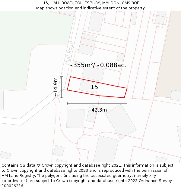 15, HALL ROAD, TOLLESBURY, MALDON, CM9 8QF: Plot and title map