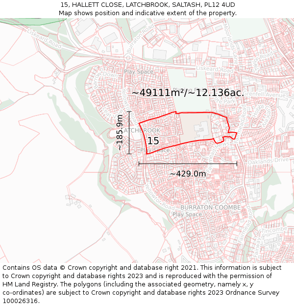 15, HALLETT CLOSE, LATCHBROOK, SALTASH, PL12 4UD: Plot and title map