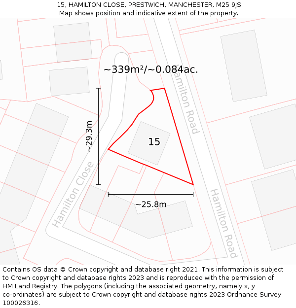 15, HAMILTON CLOSE, PRESTWICH, MANCHESTER, M25 9JS: Plot and title map