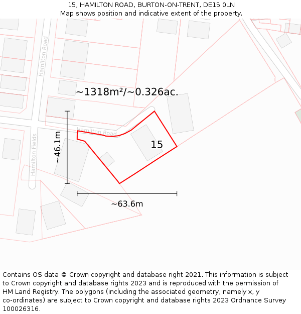 15, HAMILTON ROAD, BURTON-ON-TRENT, DE15 0LN: Plot and title map