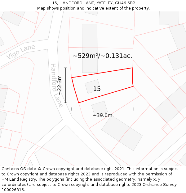 15, HANDFORD LANE, YATELEY, GU46 6BP: Plot and title map