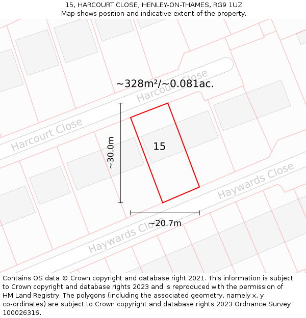 15, HARCOURT CLOSE, HENLEY-ON-THAMES, RG9 1UZ: Plot and title map
