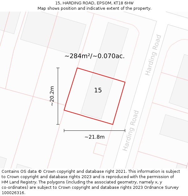 15, HARDING ROAD, EPSOM, KT18 6HW: Plot and title map