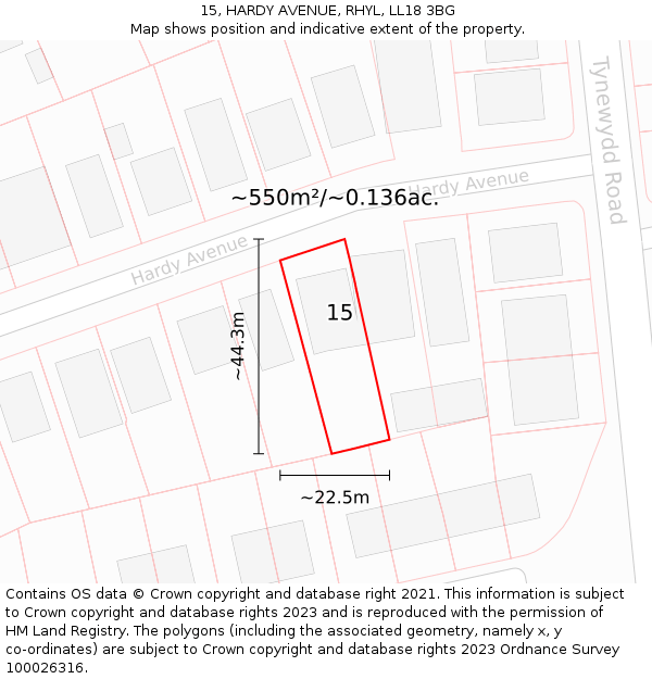 15, HARDY AVENUE, RHYL, LL18 3BG: Plot and title map