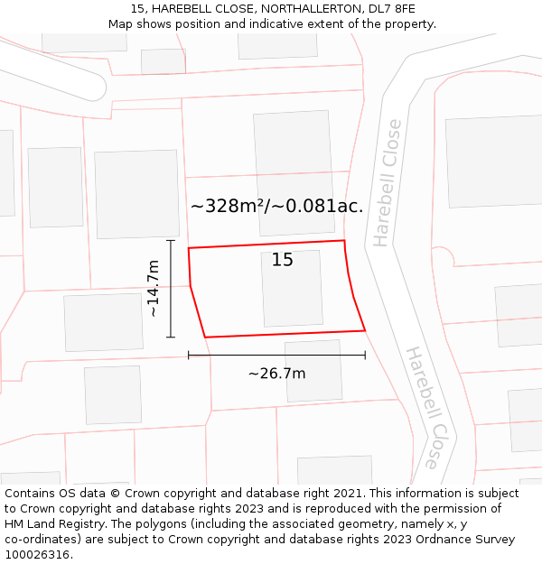 15, HAREBELL CLOSE, NORTHALLERTON, DL7 8FE: Plot and title map