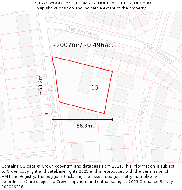 15, HAREWOOD LANE, ROMANBY, NORTHALLERTON, DL7 8BQ: Plot and title map