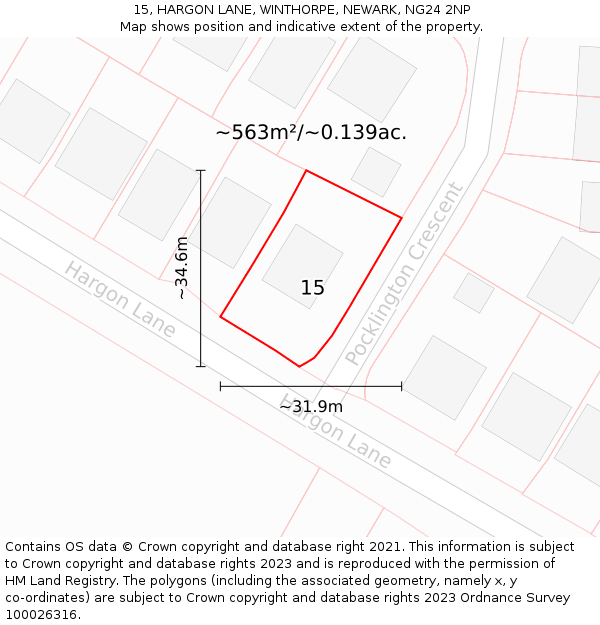 15, HARGON LANE, WINTHORPE, NEWARK, NG24 2NP: Plot and title map