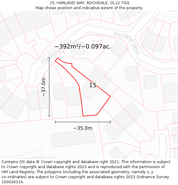 15, HARLAND WAY, ROCHDALE, OL12 7GQ: Plot and title map