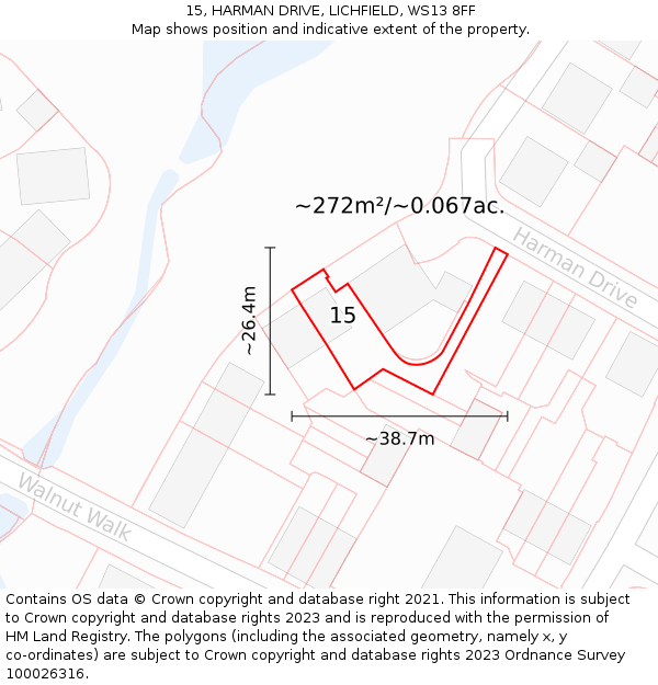 15, HARMAN DRIVE, LICHFIELD, WS13 8FF: Plot and title map