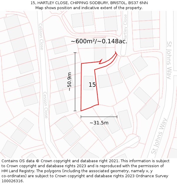15, HARTLEY CLOSE, CHIPPING SODBURY, BRISTOL, BS37 6NN: Plot and title map