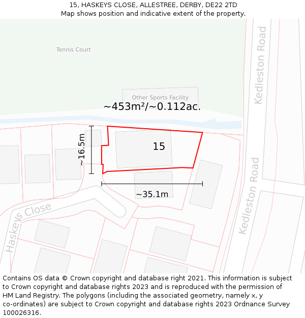 15, HASKEYS CLOSE, ALLESTREE, DERBY, DE22 2TD: Plot and title map