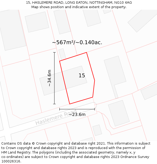 15, HASLEMERE ROAD, LONG EATON, NOTTINGHAM, NG10 4AG: Plot and title map