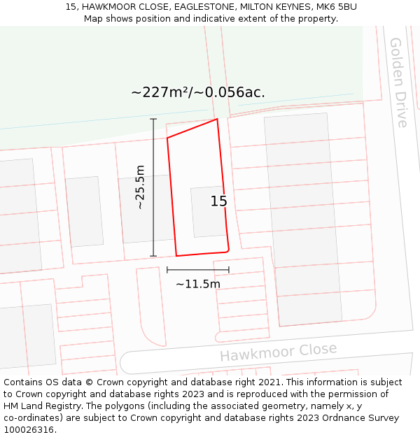 15, HAWKMOOR CLOSE, EAGLESTONE, MILTON KEYNES, MK6 5BU: Plot and title map