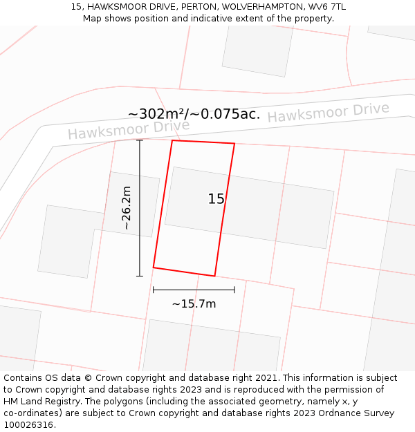 15, HAWKSMOOR DRIVE, PERTON, WOLVERHAMPTON, WV6 7TL: Plot and title map