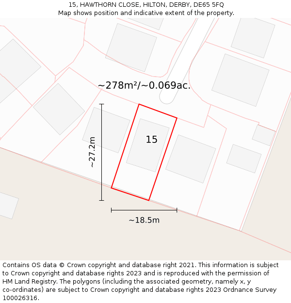 15, HAWTHORN CLOSE, HILTON, DERBY, DE65 5FQ: Plot and title map