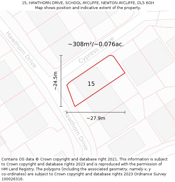 15, HAWTHORN DRIVE, SCHOOL AYCLIFFE, NEWTON AYCLIFFE, DL5 6GH: Plot and title map