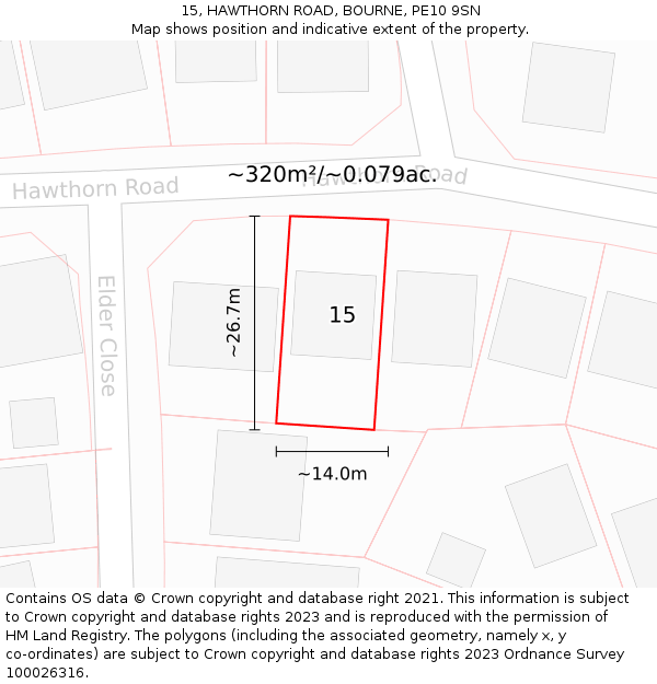 15, HAWTHORN ROAD, BOURNE, PE10 9SN: Plot and title map