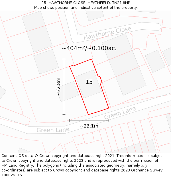 15, HAWTHORNE CLOSE, HEATHFIELD, TN21 8HP: Plot and title map