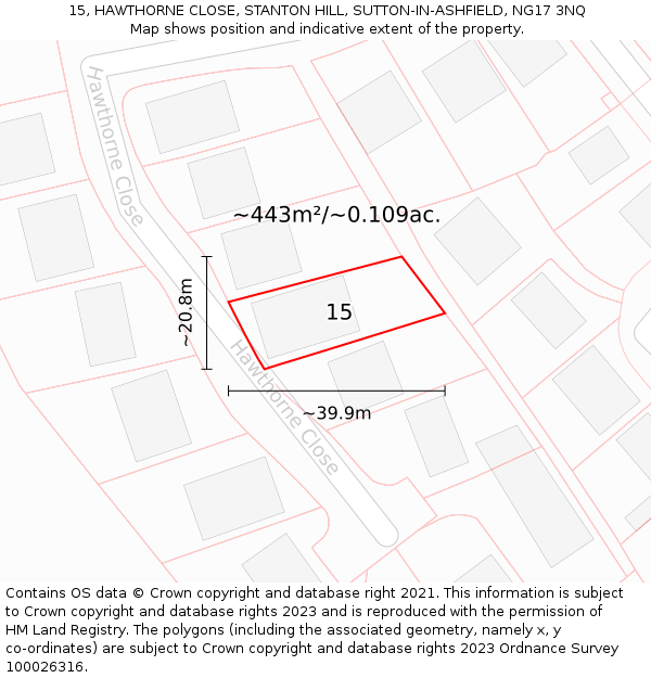 15, HAWTHORNE CLOSE, STANTON HILL, SUTTON-IN-ASHFIELD, NG17 3NQ: Plot and title map