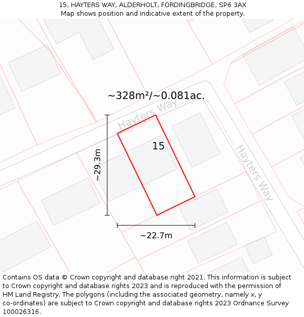 15, HAYTERS WAY, ALDERHOLT, FORDINGBRIDGE, SP6 3AX: Plot and title map