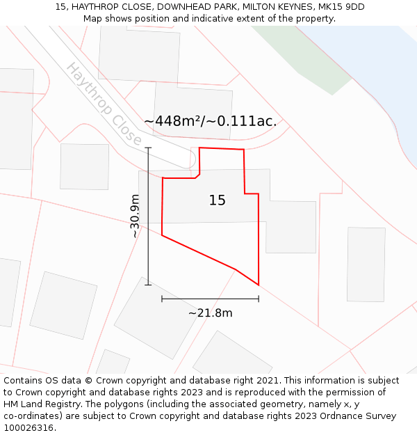 15, HAYTHROP CLOSE, DOWNHEAD PARK, MILTON KEYNES, MK15 9DD: Plot and title map