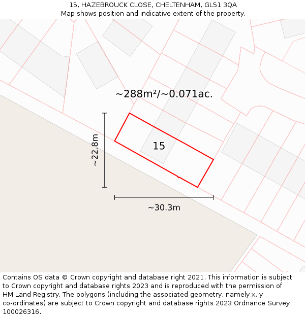 15, HAZEBROUCK CLOSE, CHELTENHAM, GL51 3QA: Plot and title map