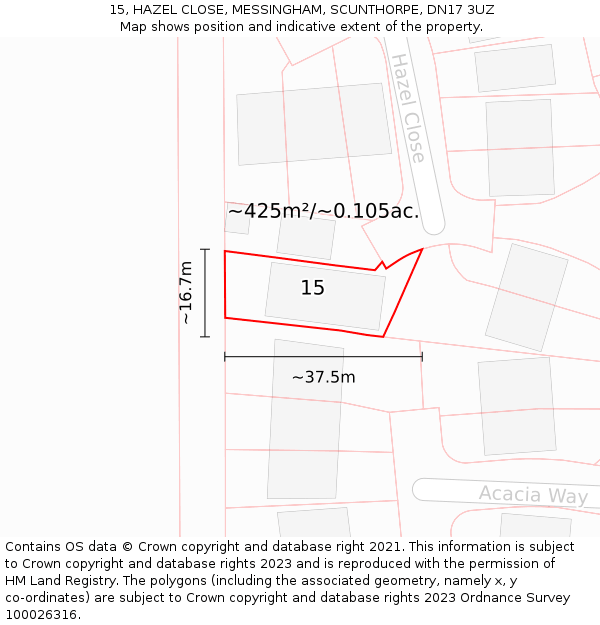 15, HAZEL CLOSE, MESSINGHAM, SCUNTHORPE, DN17 3UZ: Plot and title map