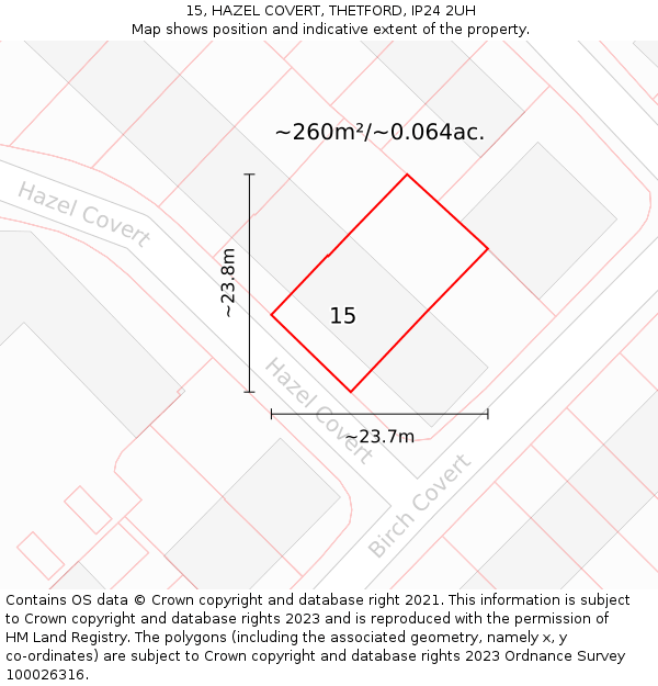 15, HAZEL COVERT, THETFORD, IP24 2UH: Plot and title map