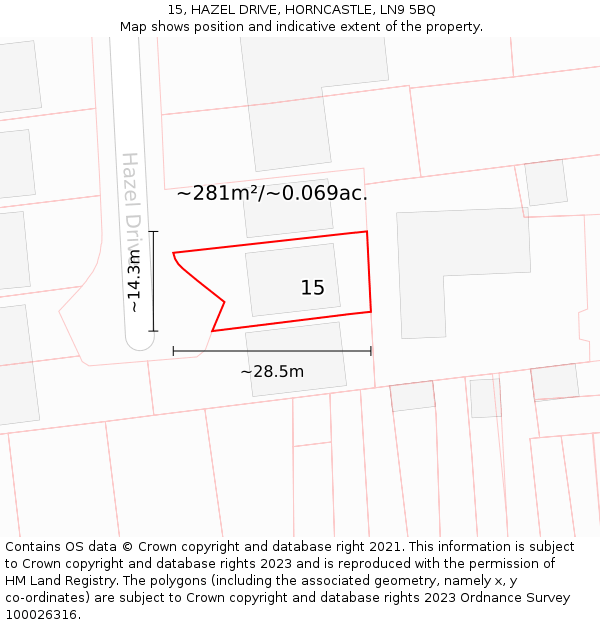 15, HAZEL DRIVE, HORNCASTLE, LN9 5BQ: Plot and title map